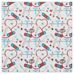 Cute Stethoscope Nurse Doctor EKG Pattern Fabric