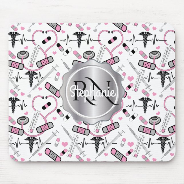 Cute Stethoscope Nurse | Doctor EKG Pattern Name Mouse Pad (Front)