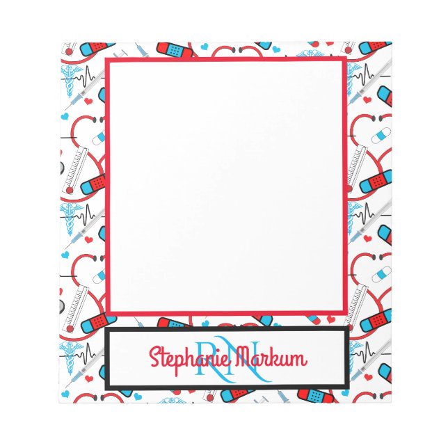 Cute Stethoscope Nurse | Doctor EKG Pattern Name Notepad (Front)