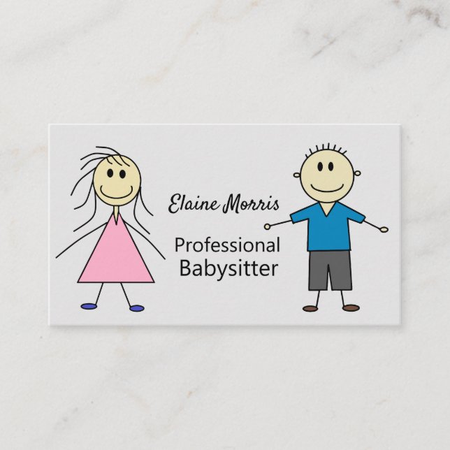 Cute Stick Boy and Girl Kids Babysitter Business Card (Front)