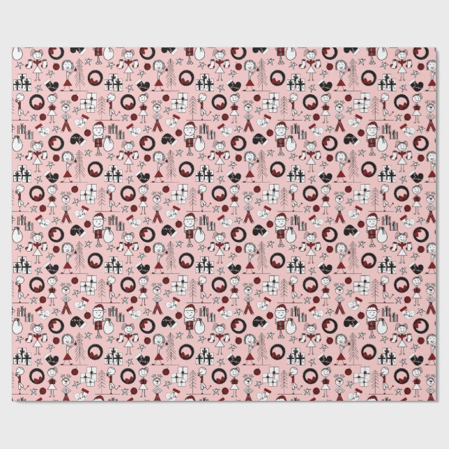 Cute Stick Figure Christmas Wrapping Paper (Flat)