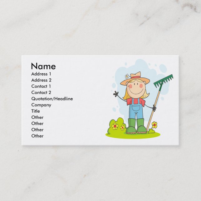 cute stick figure girl gardener farmer business card (Front)