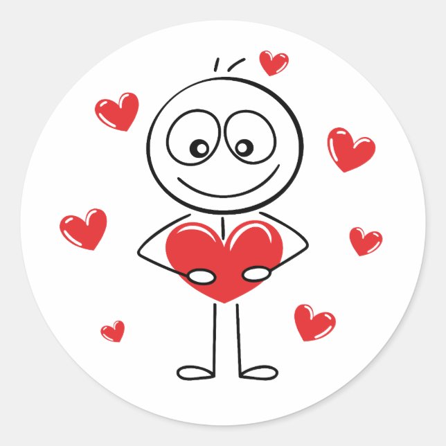 Cute Stick Figure Holding Heart  Classic Round Sticker (Front)