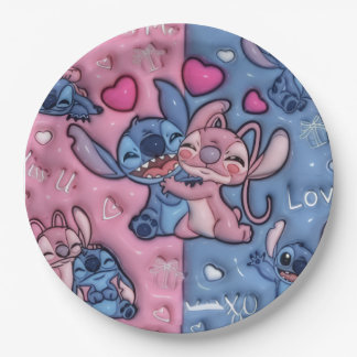 Cute Stitch and Angel Couples Paper PlaPaper Plate