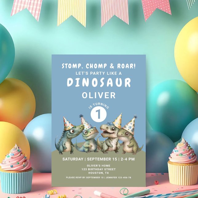 Cute Stomp Chomp & Roar Dinosaur 1rst Birthday Invitation (Cute Stomp Chomp & Roar Dinosaur 1rst Birthday Invitation)