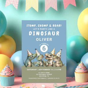 Cute Stomp, Chomp & Roar Dinosaur 6th Birthday Invitation
