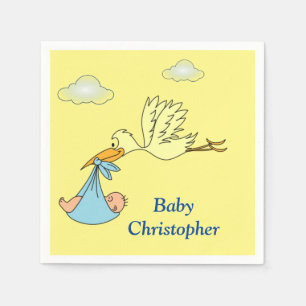 Cute Stork Baby Boy Shower Name Blue Yellow  Napkin