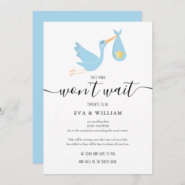 Cute Stork Baby Shower Sprinkle Cancellation Card (Front/Back)