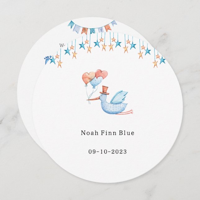 Cute Stork Bird With Balloons Blue Baby Boy Card (Front/Back)