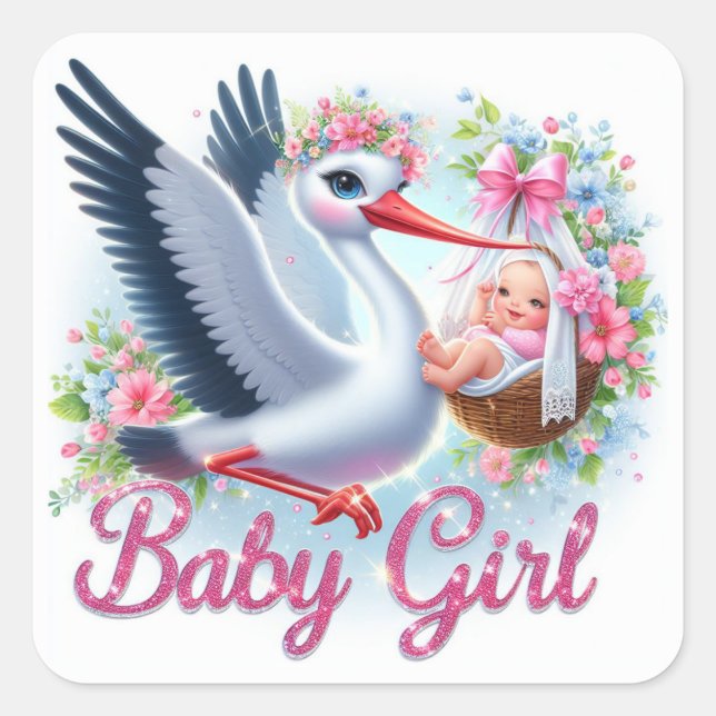 Cute Stork Carrying Baby Girl Square Sticker (Front)