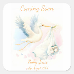 Cute Stork coming soon announcement Invitation Squ Square Sticker