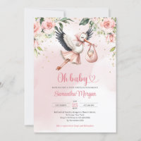 Cute stork delivering a baby girl floral