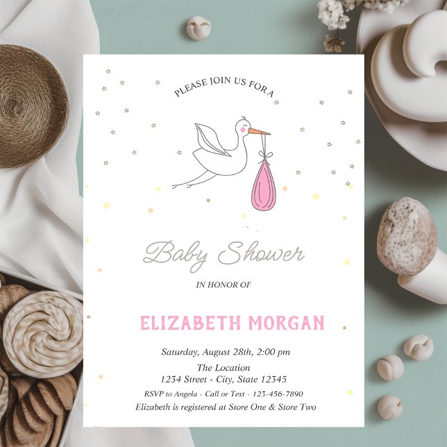 Cute Stork Girl Stars Baby Shower   Invitation (Creator Uploaded)