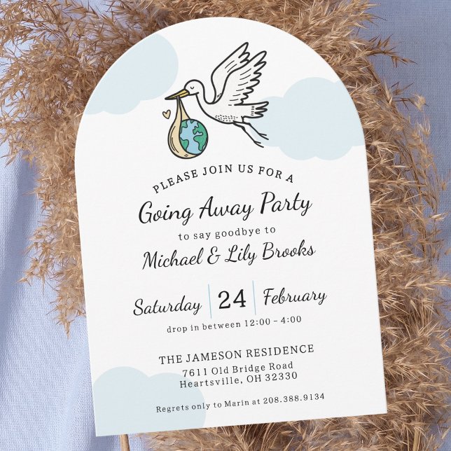 Cute Stork Holding World Going Away Invitation (Creator Uploaded)