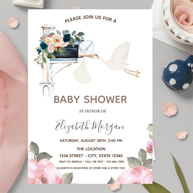 Cute Stork Mailbox Flowers Baby Shower Invitation (Creator Uploaded)