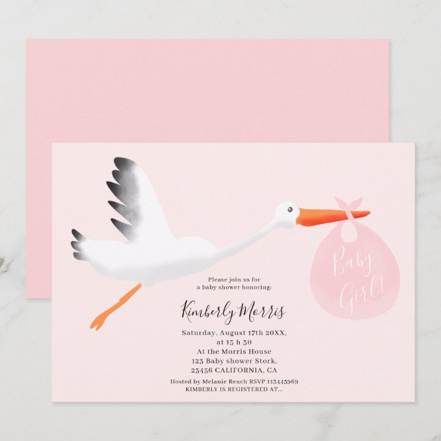 Cute stork pink bag illustration baby girl shower invitation (Front/Back)