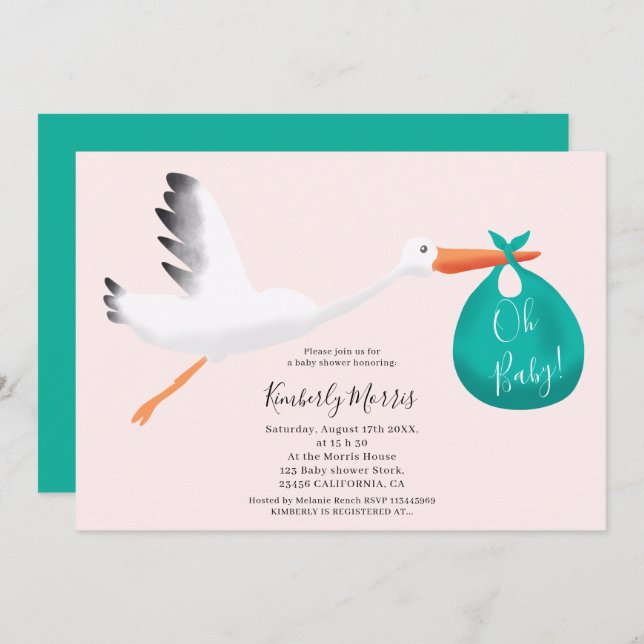 Cute stork teal bag illustration baby shower invitation (Front/Back)