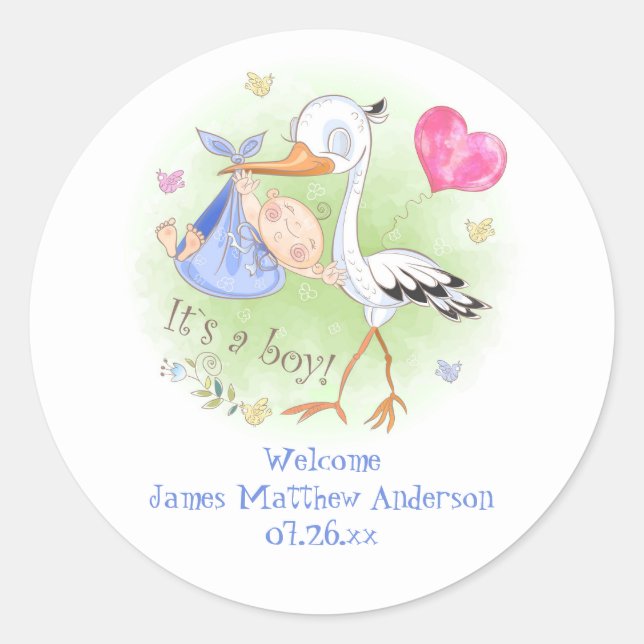 Cute Stork with Baby Boy Pink Hearts Baby Shower Classic Round Sticker (Front)