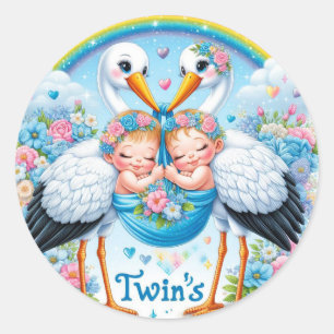Cute Storks Carrying Twin Babies Classic Round Sticker