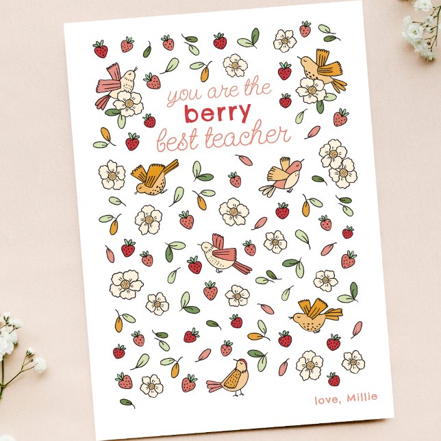 Cute Strawberries and Birds Teacher Appreciation Thank You Card (Creator Uploaded)