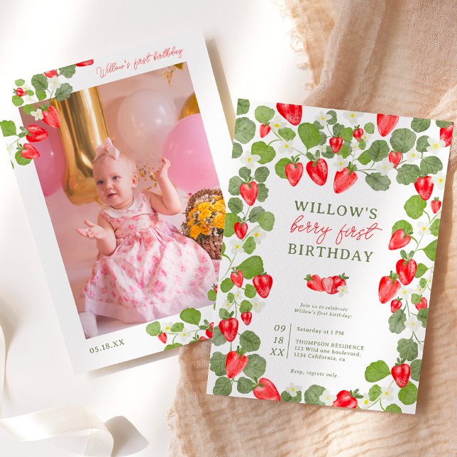 Cute strawberries floral red berry 1st birthday invitation (Creator Uploaded)