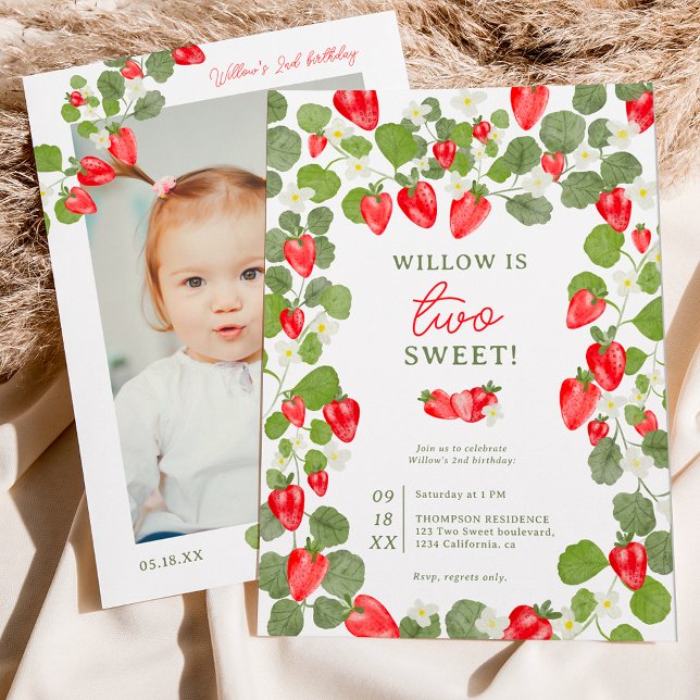 Cute strawberries floral red berry 2nd birthday invitation (Creator Uploaded)