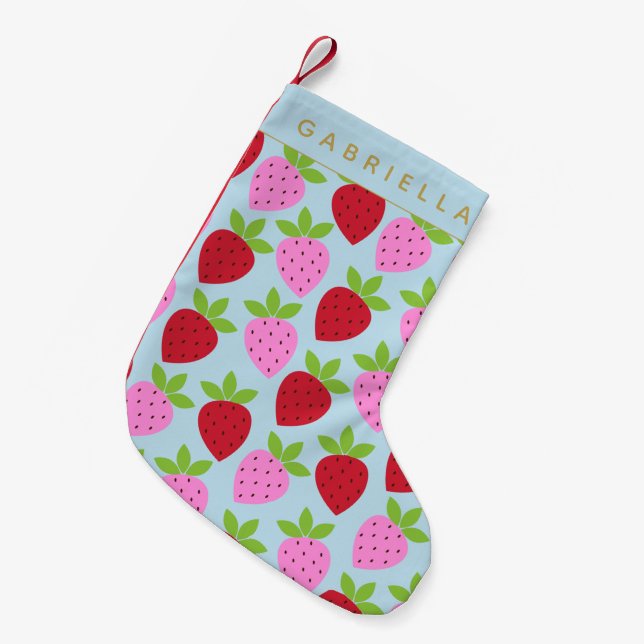 Cute Strawberries in Pink Red Blue Personalised Small Christmas Stocking (Front (Hanging))