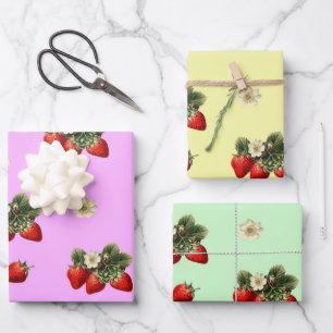Cute Strawberries Pink Yellow Green pastels Wrapping Paper Sheet