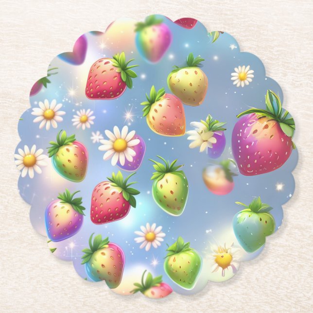 Cute strawberries rainbow birthday party paper coaster (Front)
