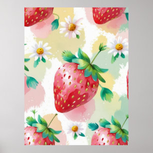 Cute strawberries rainbow Daisy birthday party Poster