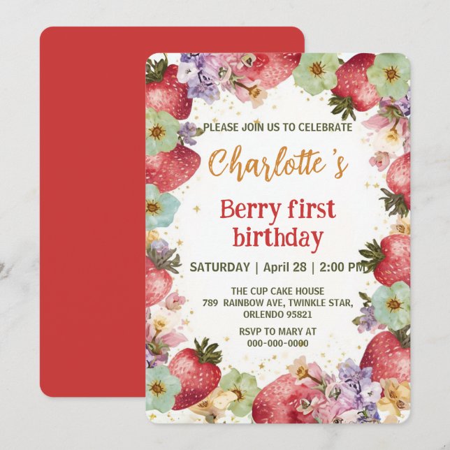 Cute strawberries rainbow pattern 1st birthday invitation (Front/Back)