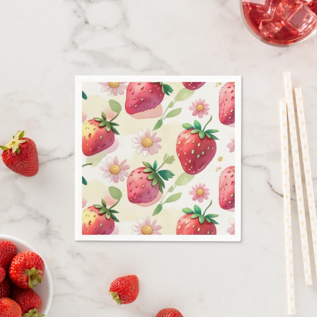 Cute strawberries rainbow pattern birthday party napkin (Insitu)