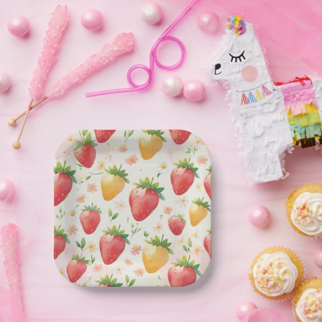 Cute strawberries rainbow pattern birthday party paper plate (Party)