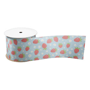 Cute Strawberries & Strawberry Flower Pattern Blue Satin Ribbon