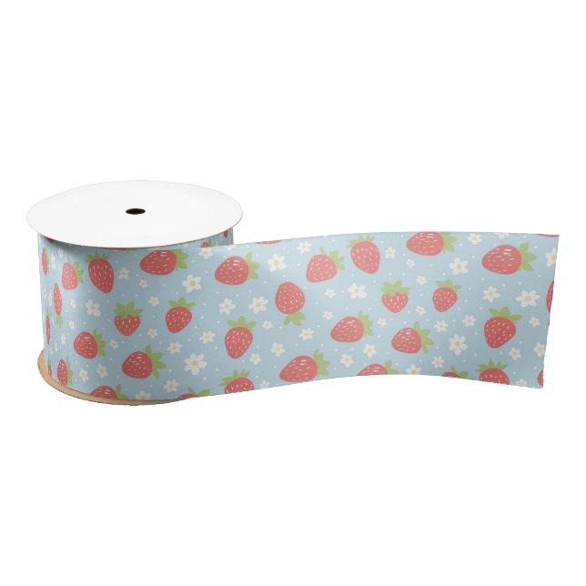 Cute Strawberries & Strawberry Flower Pattern Blue Satin Ribbon (Spool)