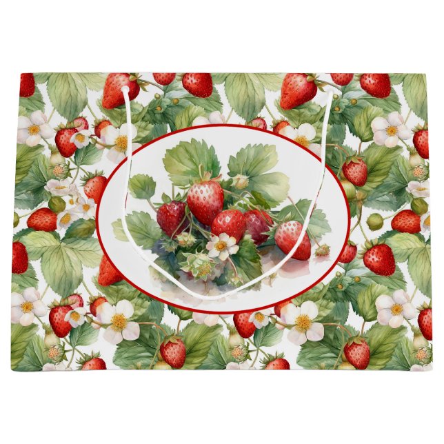 Cute Strawberries Watercolor Large Gift Bag (Front)