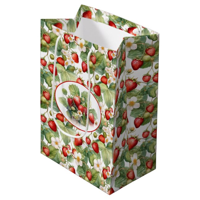 Cute Strawberries Watercolor Medium Gift Bag (Front Angled)