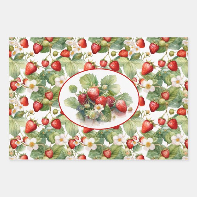 Cute Strawberries Watercolor Wrapping Paper Sheet (Front)