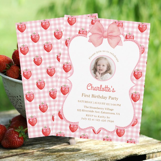 Cute Strawberry 1st Birthday Photo Invitation (Creator Uploaded)
