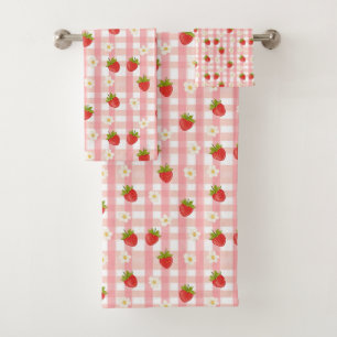 Cute strawberry and flowers on a pink gingham bath towel set