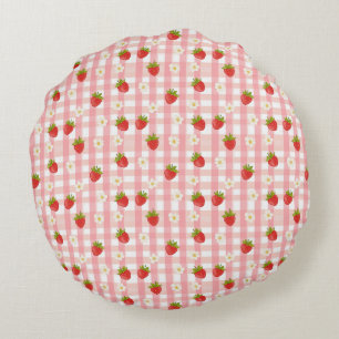 Cute strawberry and flowers on a pink gingham round cushion