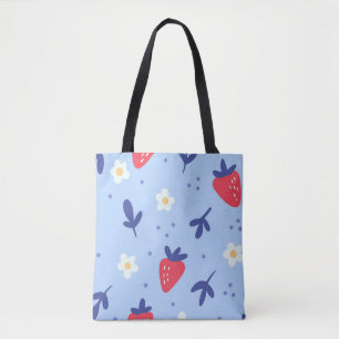 Cute Strawberry and Spring Flower Pattern on Blue Tote Bag