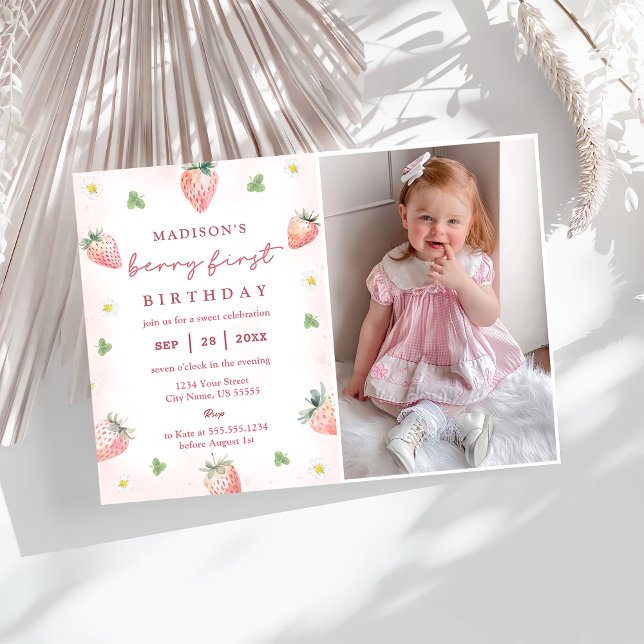 Cute Strawberry Berry First 1st Birthday Photo  Invitation (Creator Uploaded)