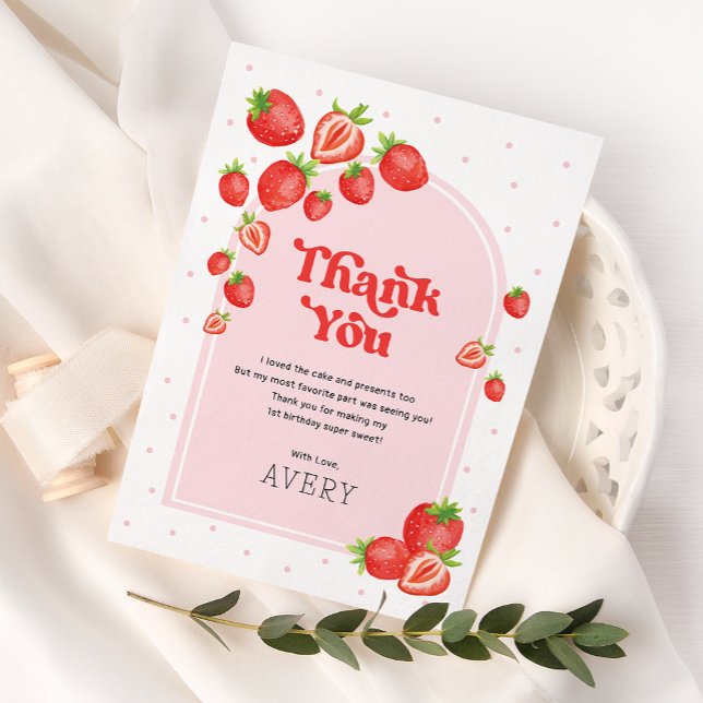 Cute Strawberry Berry First 1st Birthday Thank You Card (Creator Uploaded)