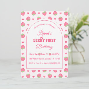 Cute Strawberry Berry First Girl Birthday Party Invitation