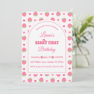 Cute Strawberry Berry First Girl Birthday Party Invitation