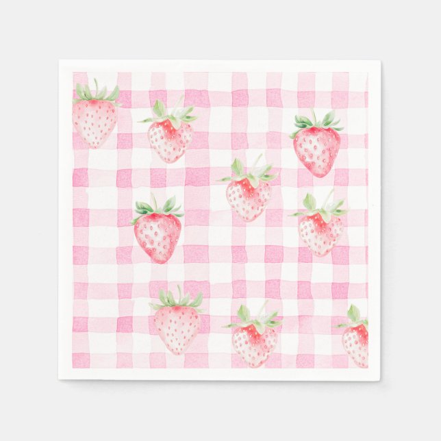 Cute Strawberry Berry Pink Gingham Brithday Napkin (Front)