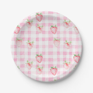 Cute Strawberry Berry Pink Gingham Brithday Paper Plate