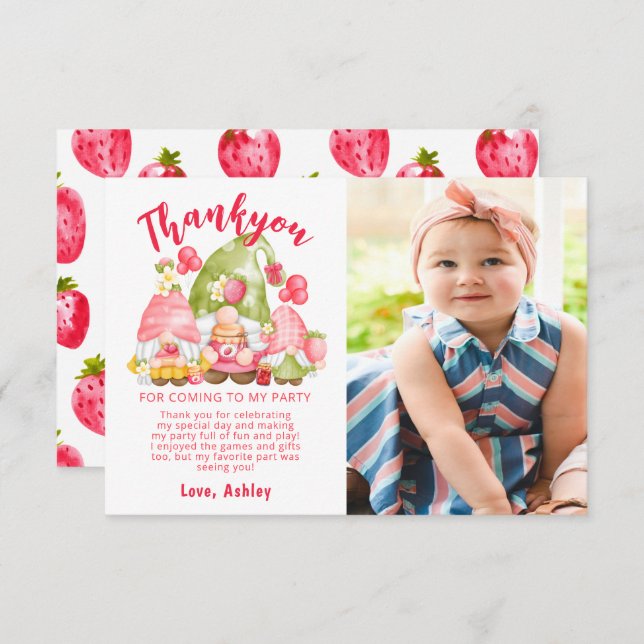 Cute Strawberry Birthday Photo Thank You Card (Front/Back)