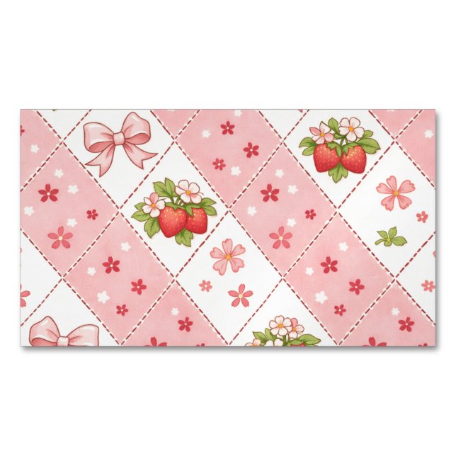 cute strawberry bow floral seamless pattern design magnetic business card (Front)